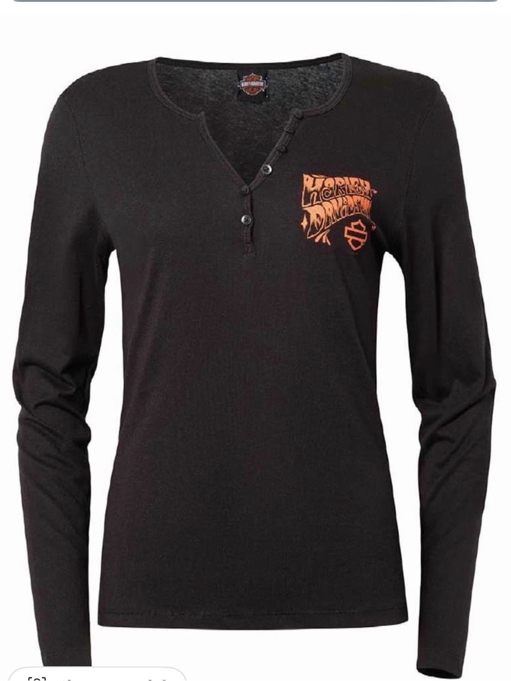 Harley-Davidson Woman's Black Long-Sleeve Henley with Orange Chest Logo